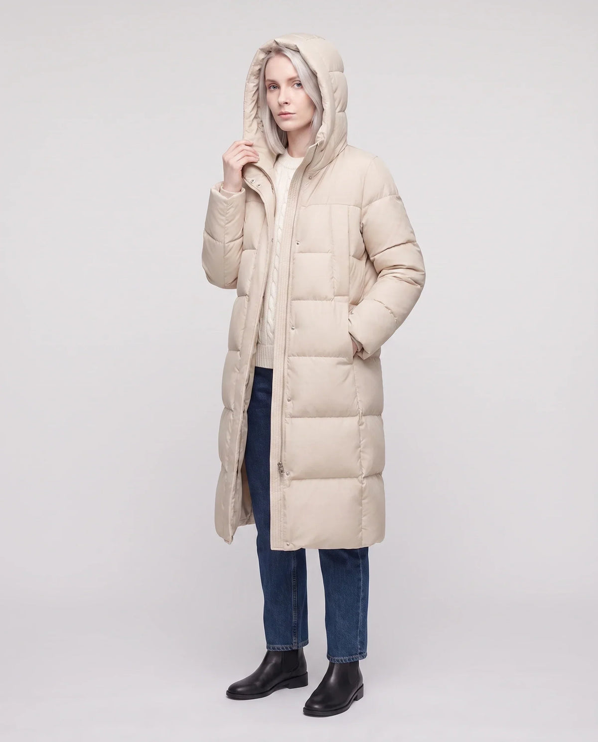Long Flared Puffer Jacket with Water-Repellent Hood