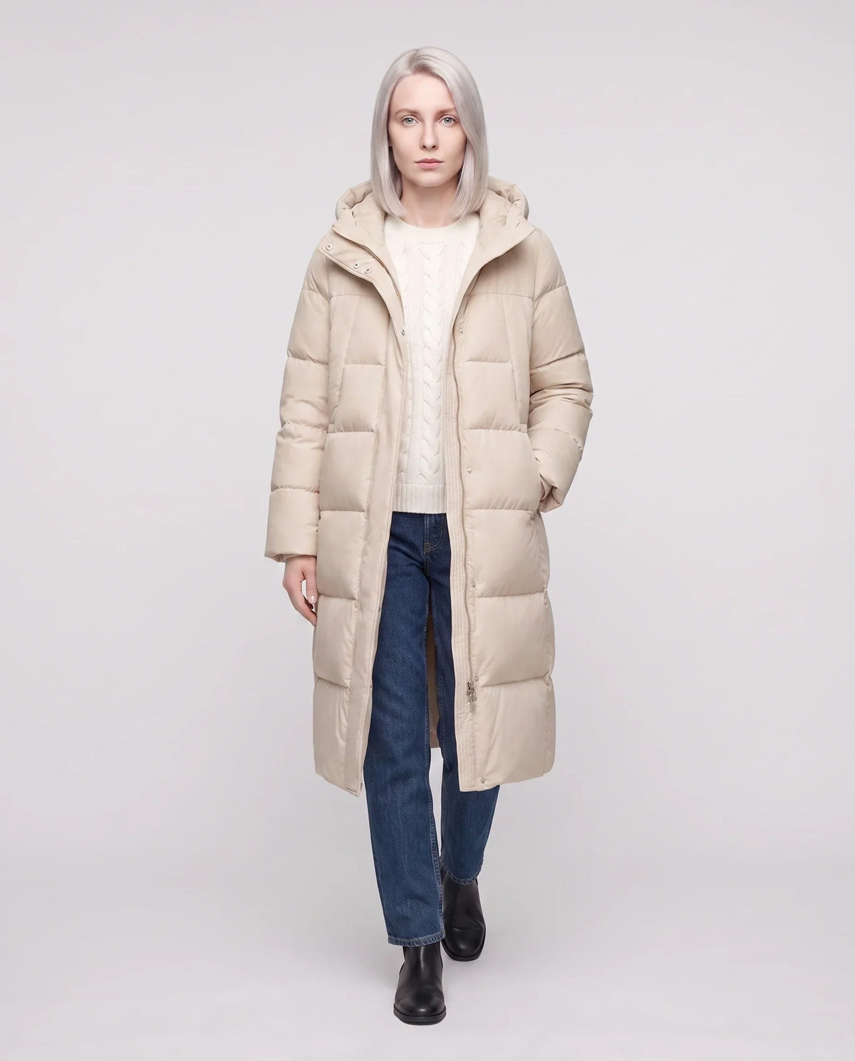 Long Flared Puffer Jacket with Water-Repellent Hood