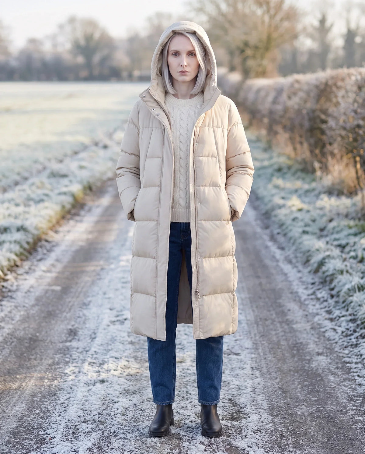 Long Flared Puffer Jacket with Water-Repellent Hood