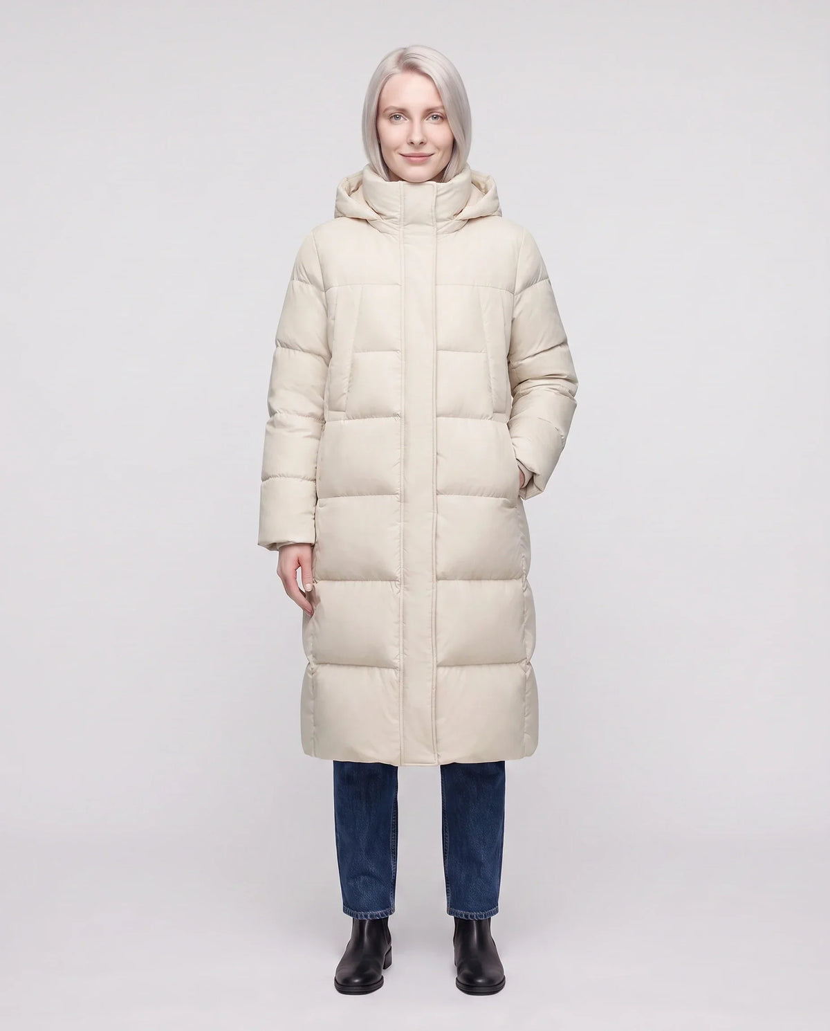 Long Flared Puffer Jacket with Water-Repellent Hood