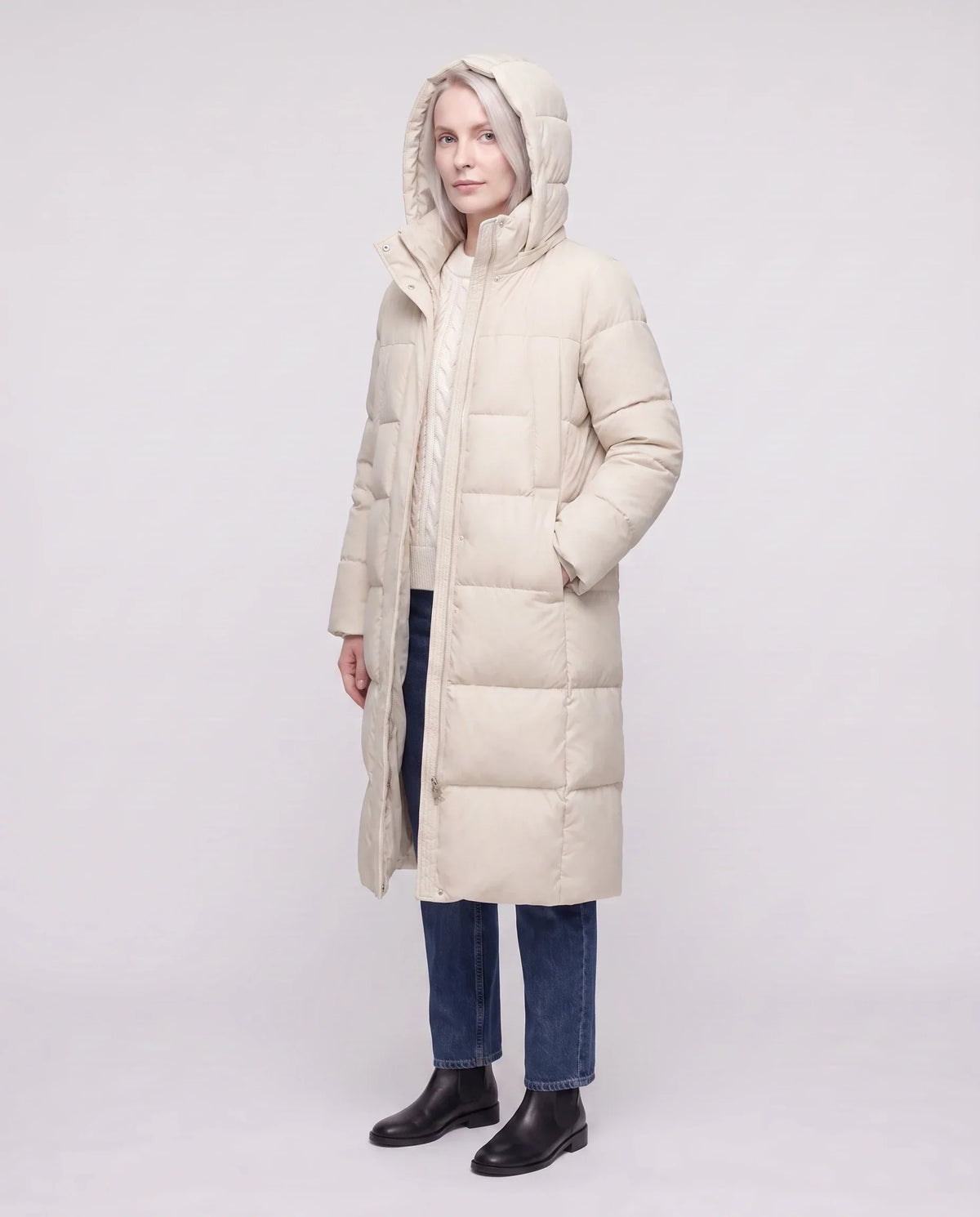 Long Flared Puffer Jacket with Water-Repellent Hood
