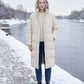 Long Flared Puffer Jacket with Water-Repellent Hood