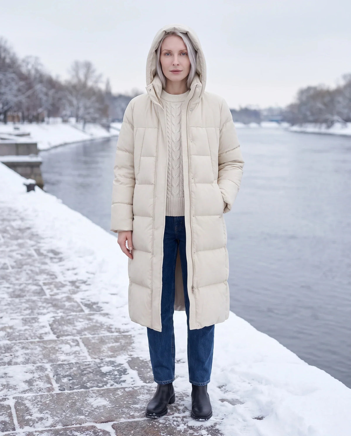 Long Flared Puffer Jacket with Water-Repellent Hood