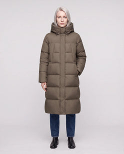 Long Flared Puffer Jacket with Water-Repellent Hood