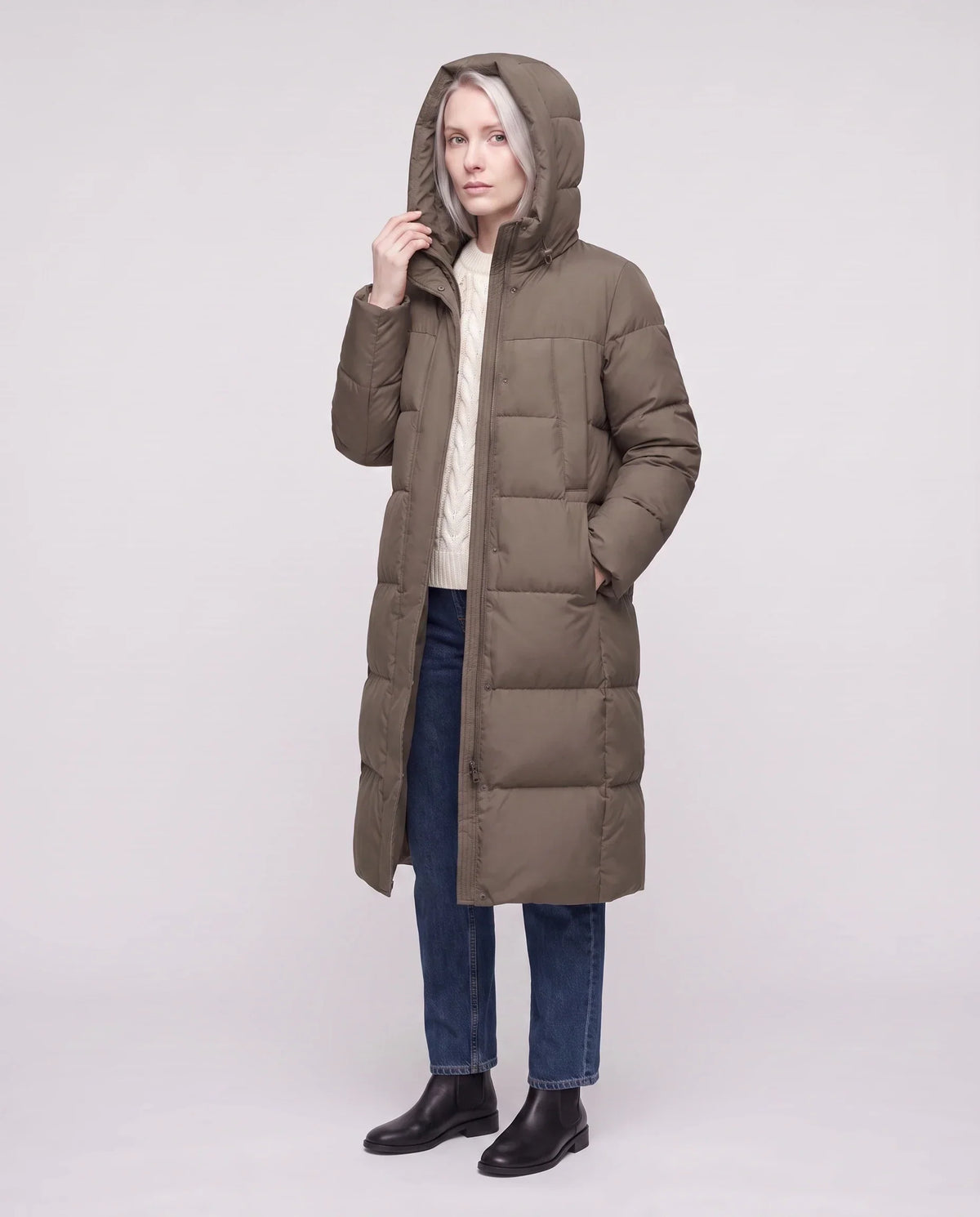 Long Flared Puffer Jacket with Water-Repellent Hood