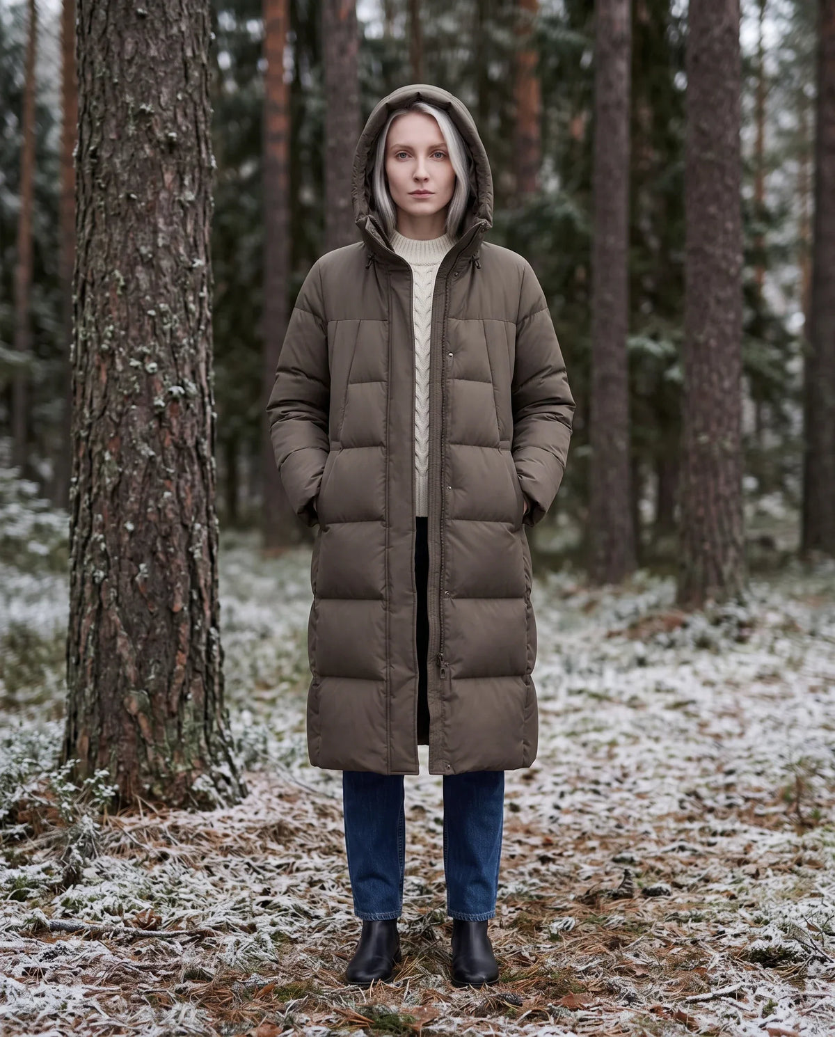 Long Flared Puffer Jacket with Water-Repellent Hood