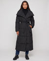 Extra-Long Belted Puffer Jacket with Quilted Shawl Collar