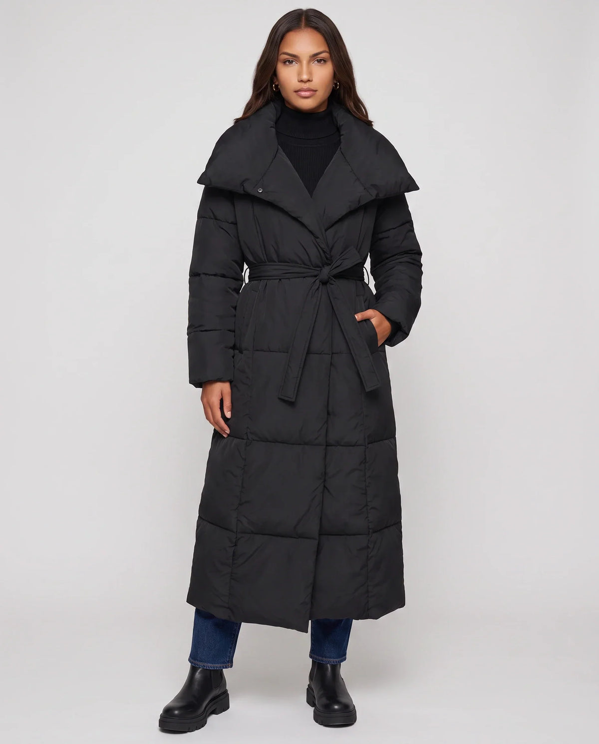 Extra-Long Belted Puffer Jacket with Quilted Shawl Collar