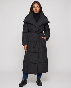 Extra-Long Belted Puffer Jacket with Quilted Shawl Collar