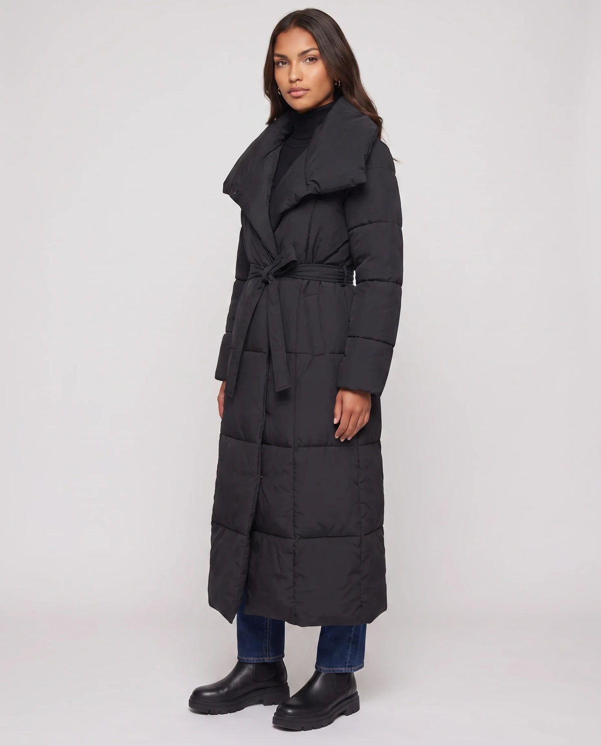 Extra-Long Belted Puffer Jacket with Quilted Shawl Collar