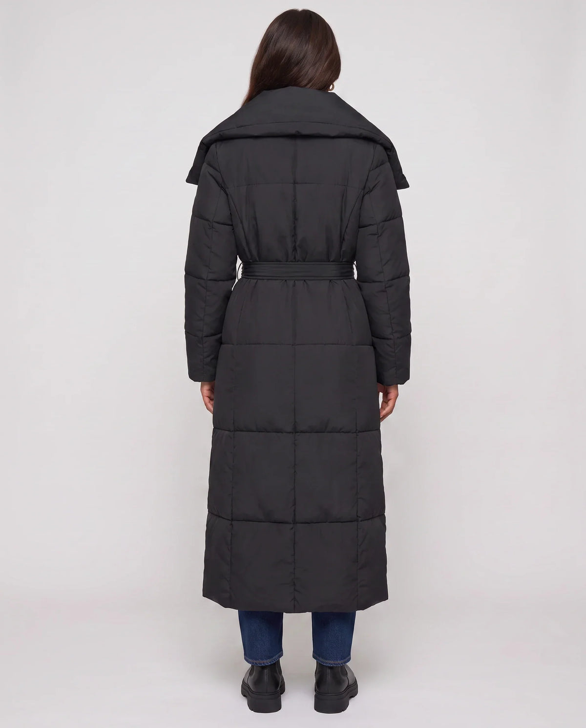 Extra-Long Belted Puffer Jacket with Quilted Shawl Collar