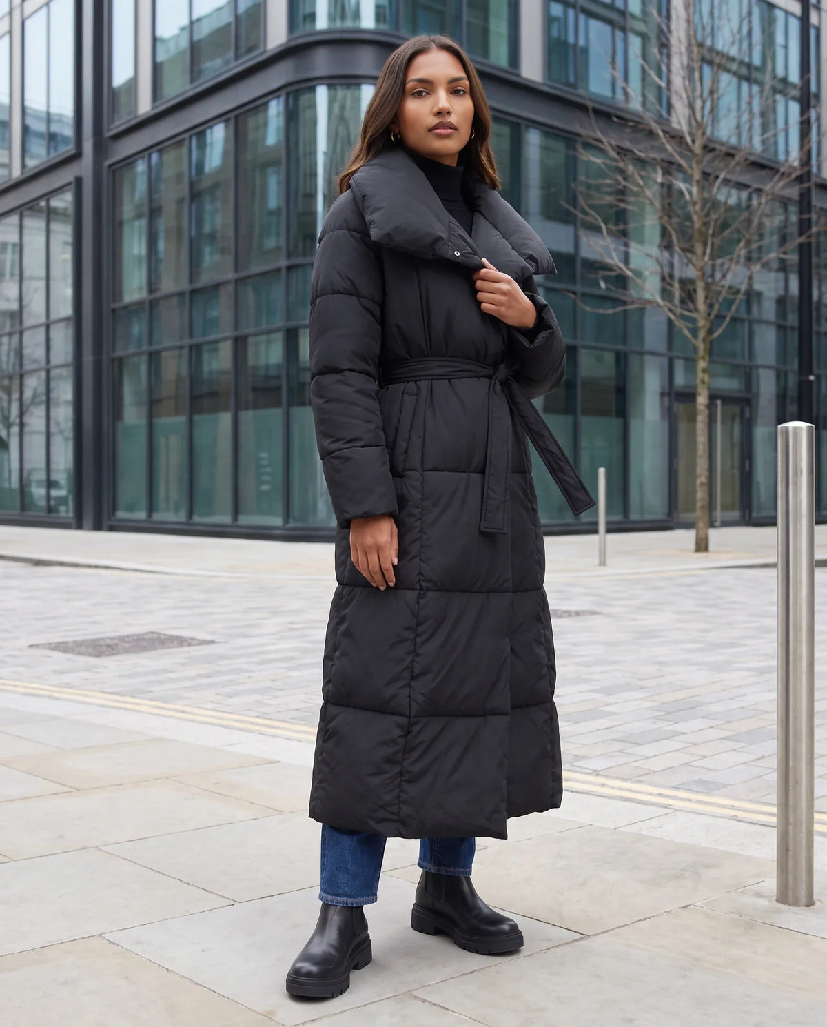 Extra-Long Belted Puffer Jacket with Quilted Shawl Collar
