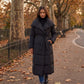 Extra-Long Belted Puffer Jacket with Quilted Shawl Collar