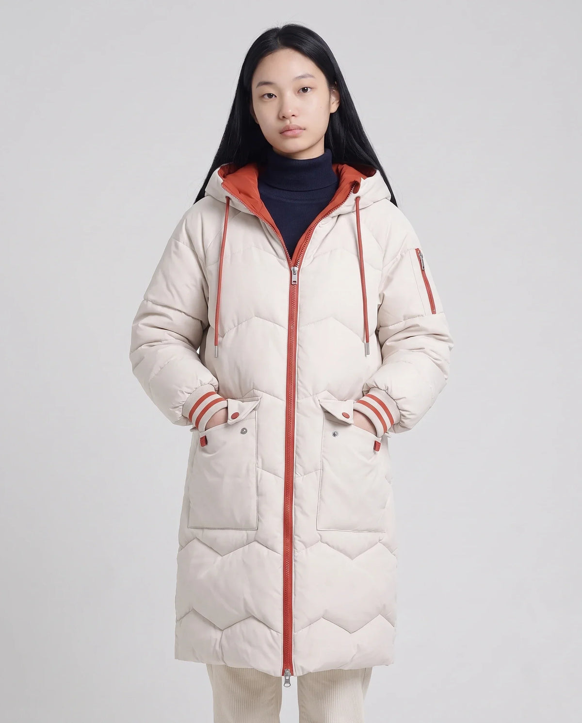 Long Oversized Hooded Puffer Jacket with Chevron Quilting