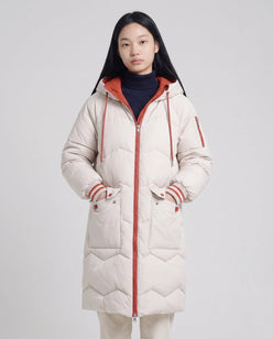 Long Oversized Hooded Puffer Jacket with Chevron Quilting