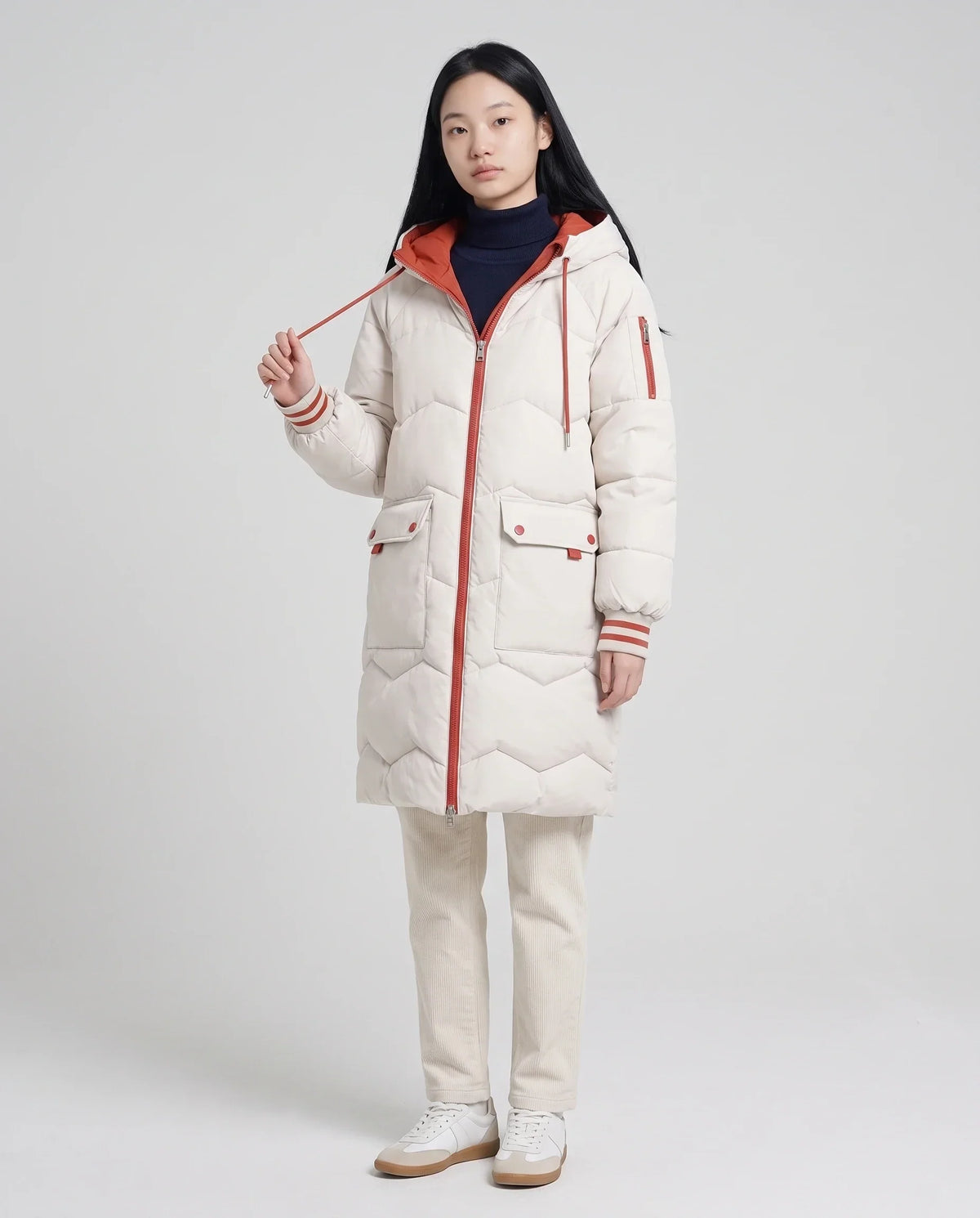 Long Oversized Hooded Puffer Jacket with Chevron Quilting