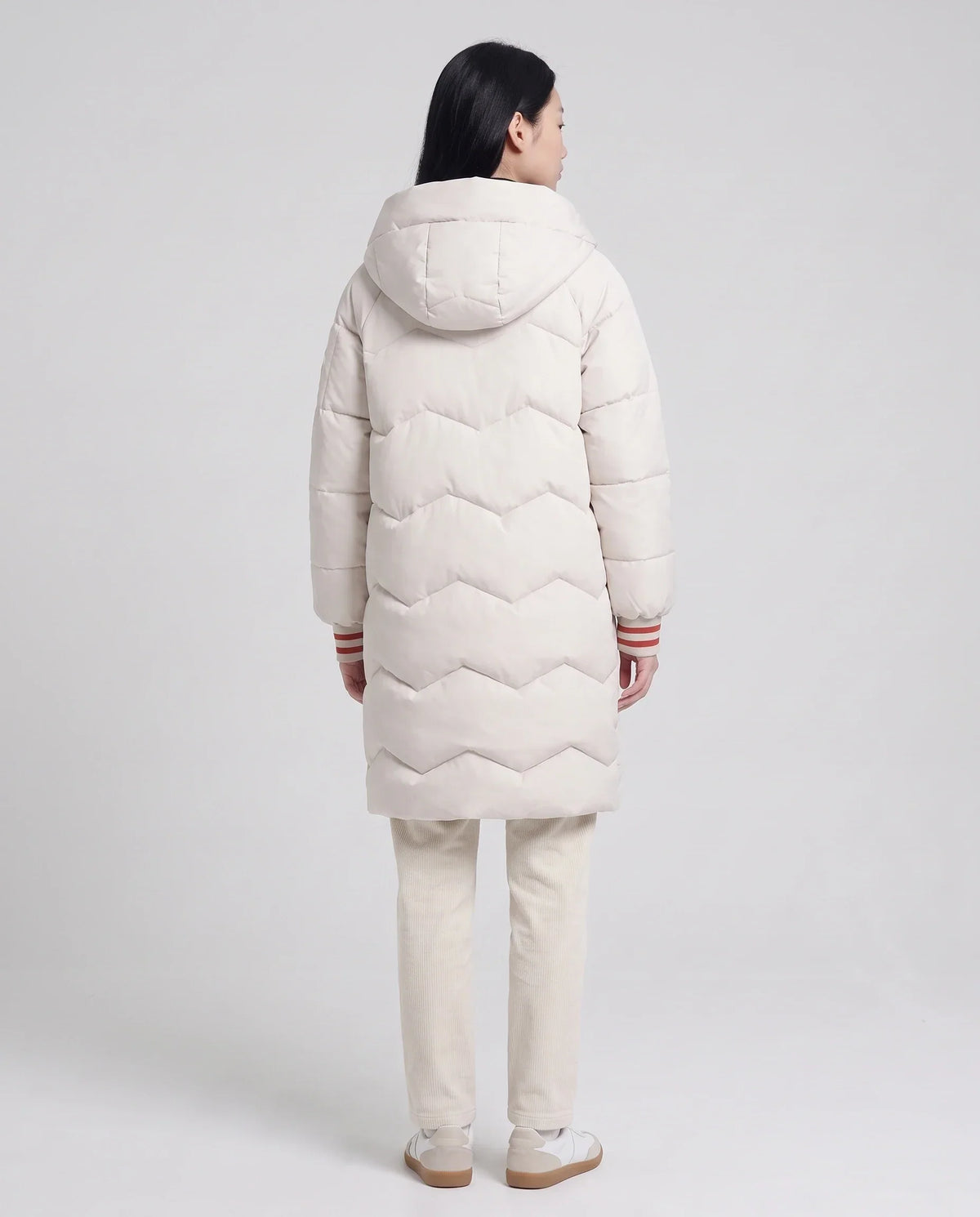 Long Oversized Hooded Puffer Jacket with Chevron Quilting