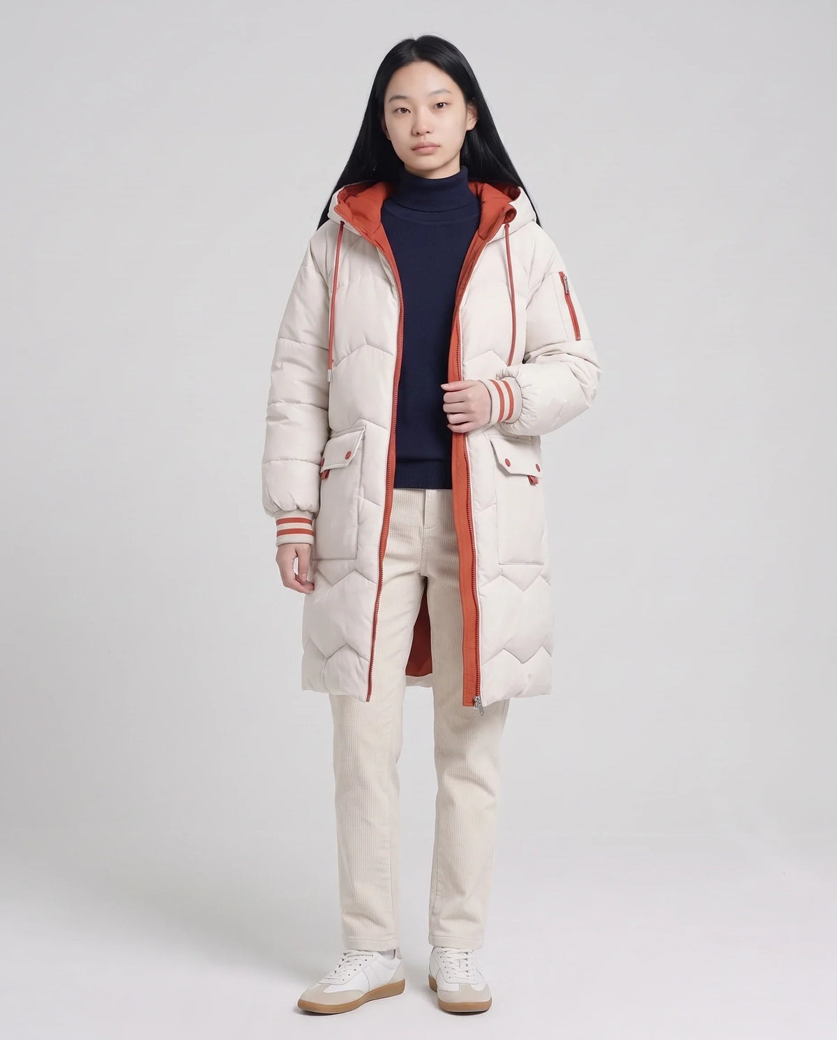Long Oversized Hooded Puffer Jacket with Chevron Quilting