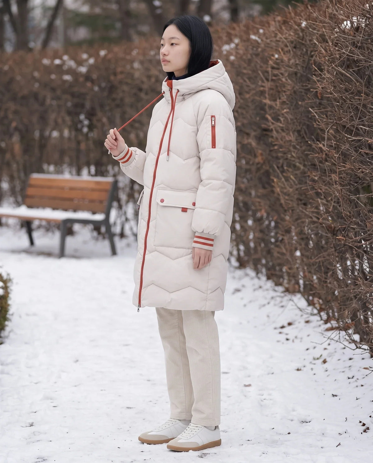 Long Oversized Hooded Puffer Jacket with Chevron Quilting
