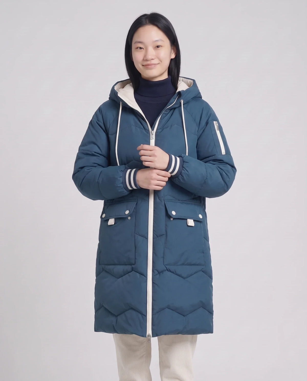 Long Oversized Hooded Puffer Jacket with Chevron Quilting