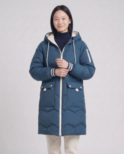 Long Oversized Hooded Puffer Jacket with Chevron Quilting