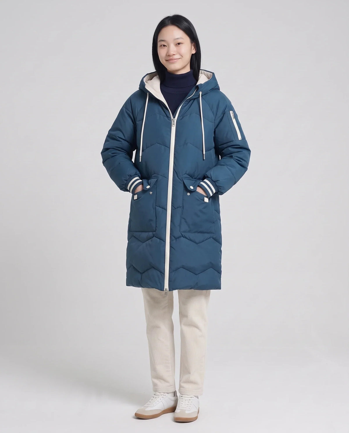 Long Oversized Hooded Puffer Jacket with Chevron Quilting
