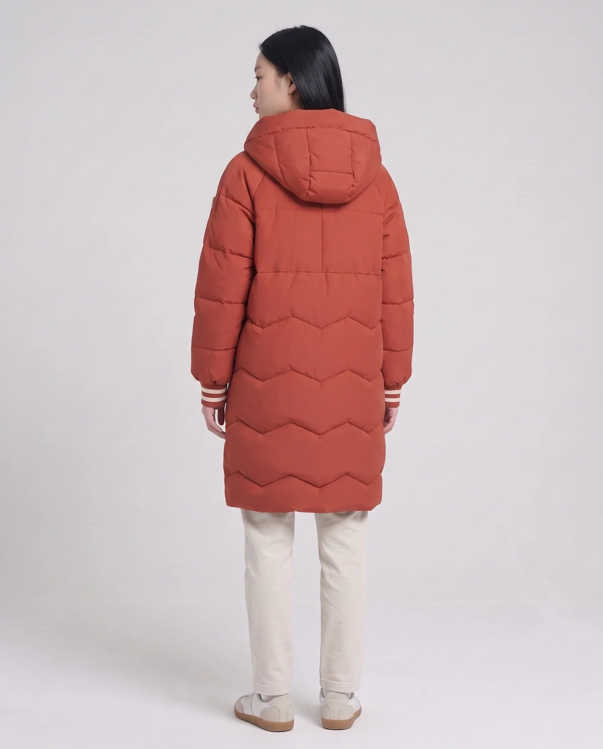 Long Oversized Hooded Puffer Jacket with Chevron Quilting