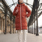 Long Oversized Hooded Puffer Jacket with Chevron Quilting