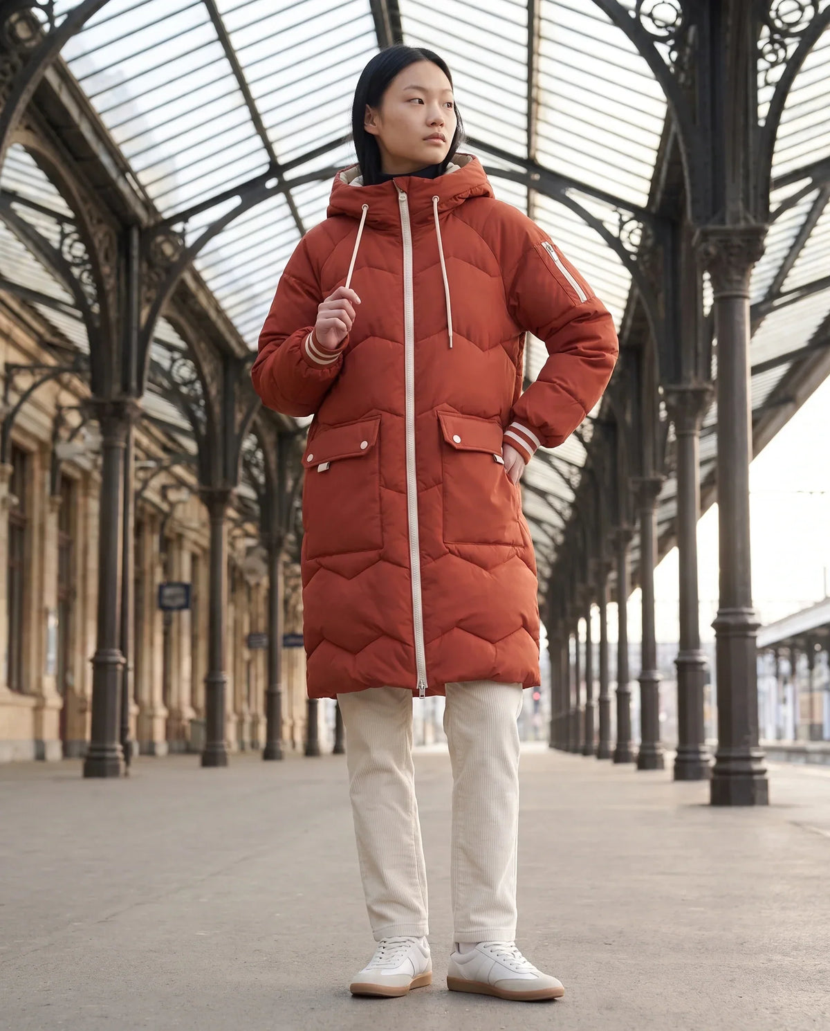 Long Oversized Hooded Puffer Jacket with Chevron Quilting