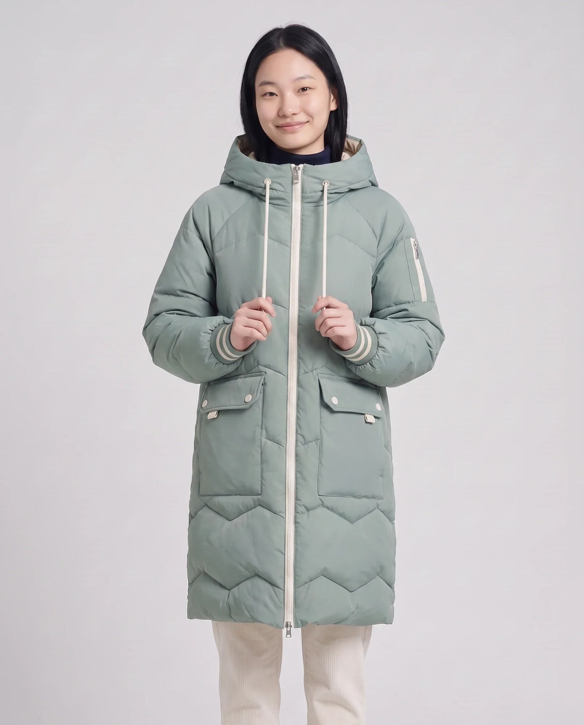 Long Oversized Hooded Puffer Jacket with Chevron Quilting