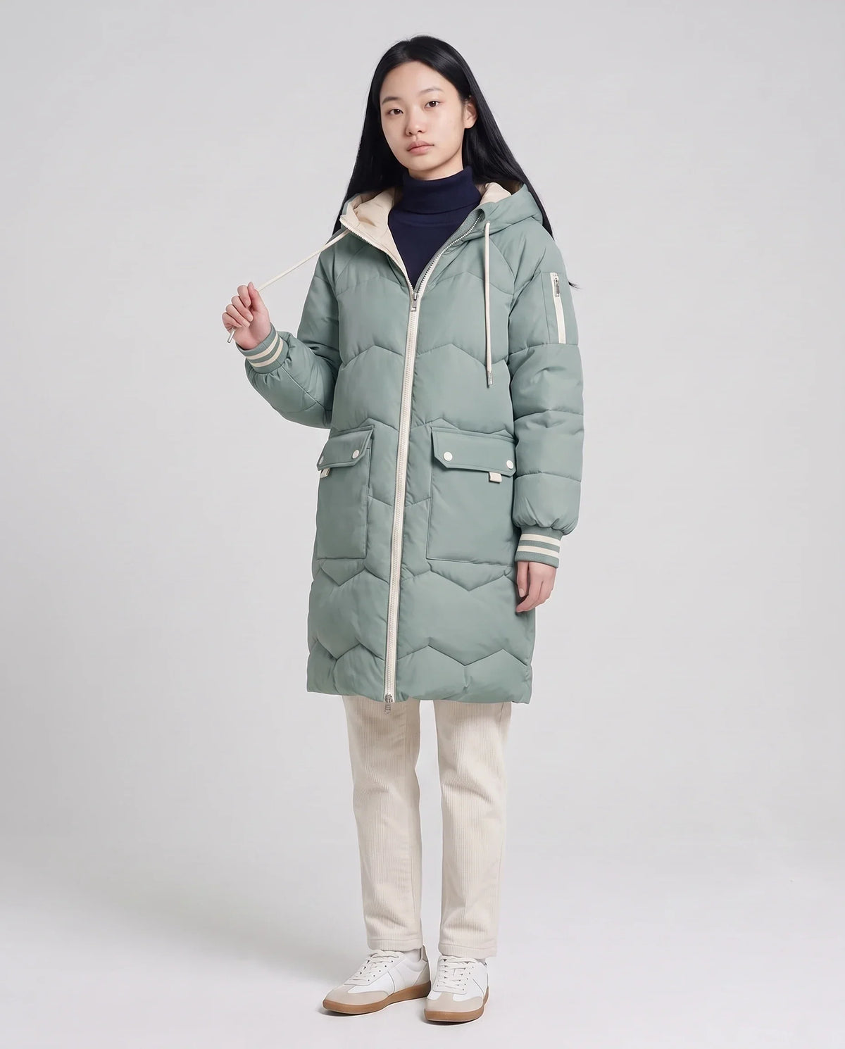 Long Oversized Hooded Puffer Jacket with Chevron Quilting