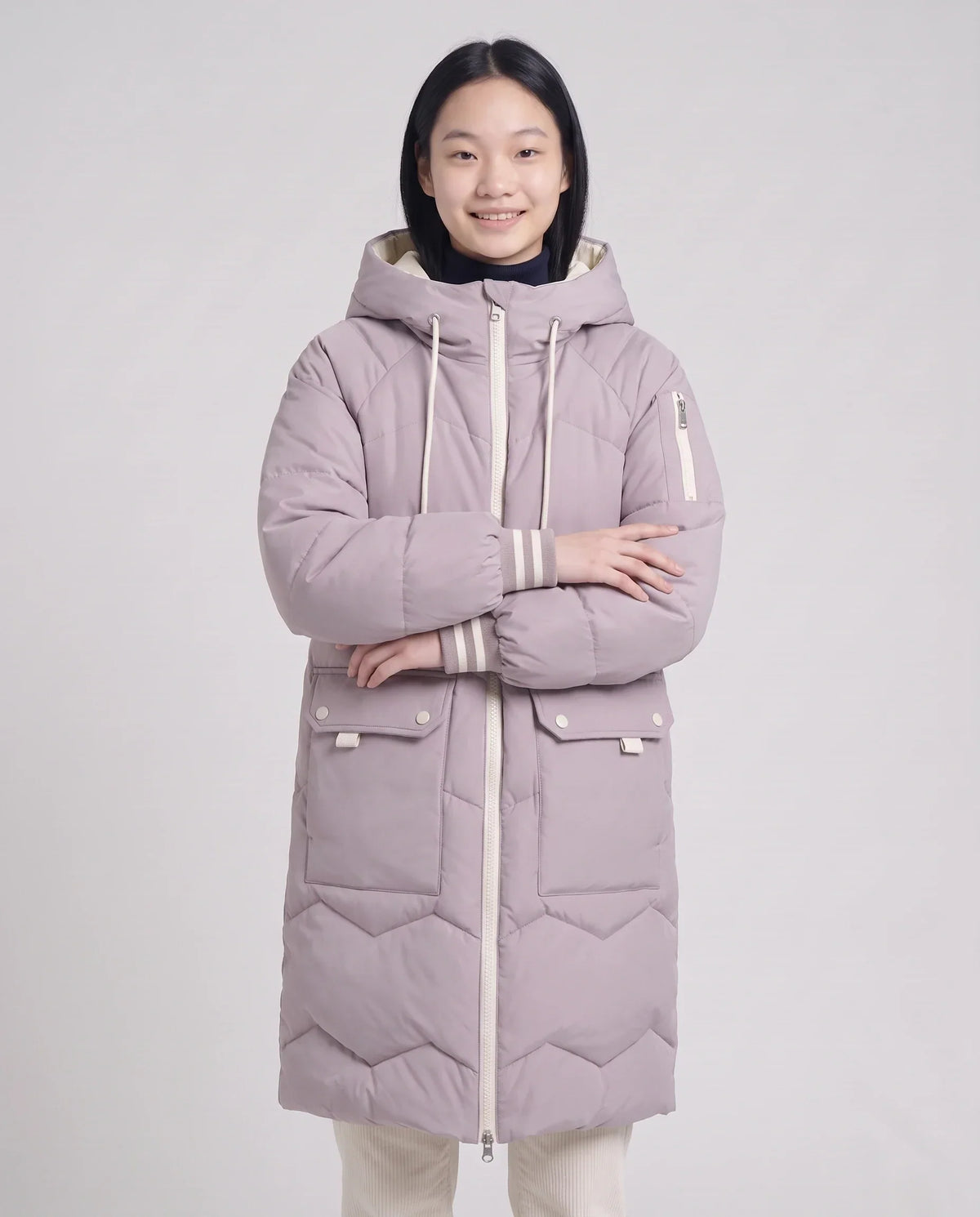 Long Oversized Hooded Puffer Jacket with Chevron Quilting