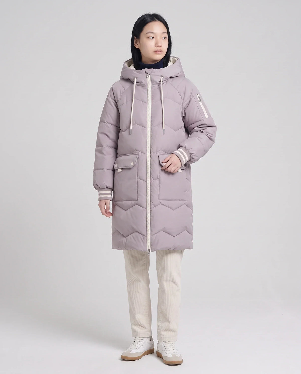 Long Oversized Hooded Puffer Jacket with Chevron Quilting