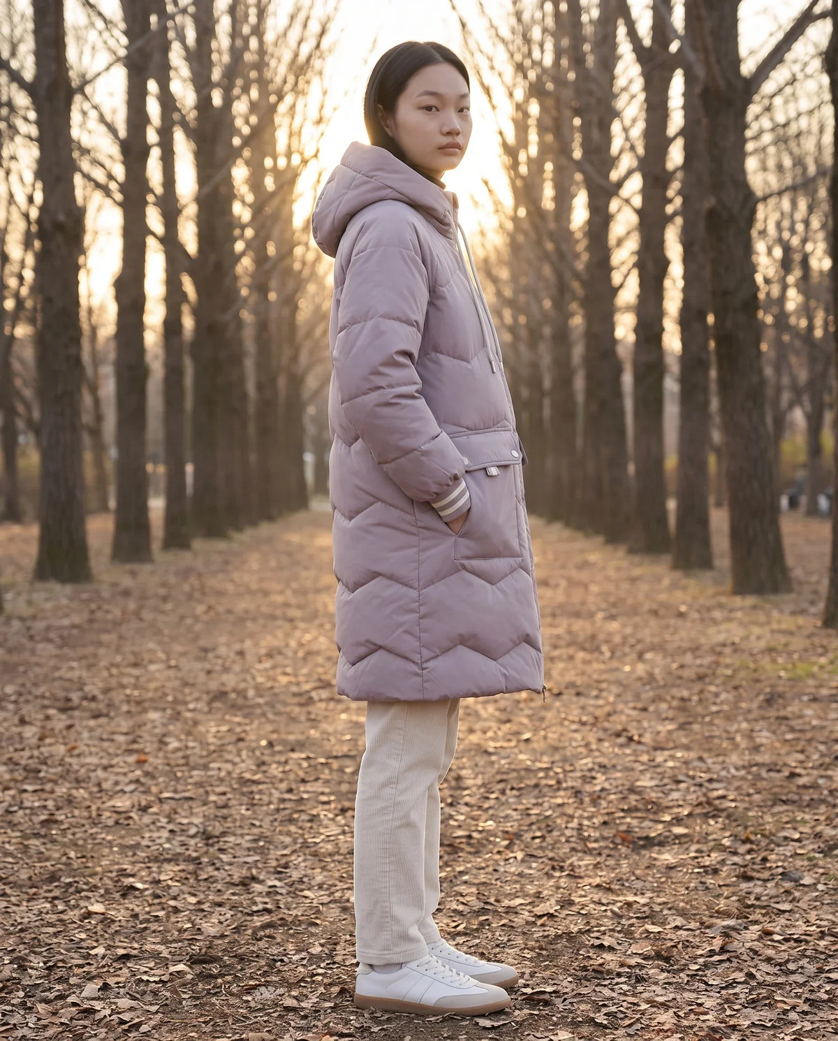 Long Oversized Hooded Puffer Jacket with Chevron Quilting