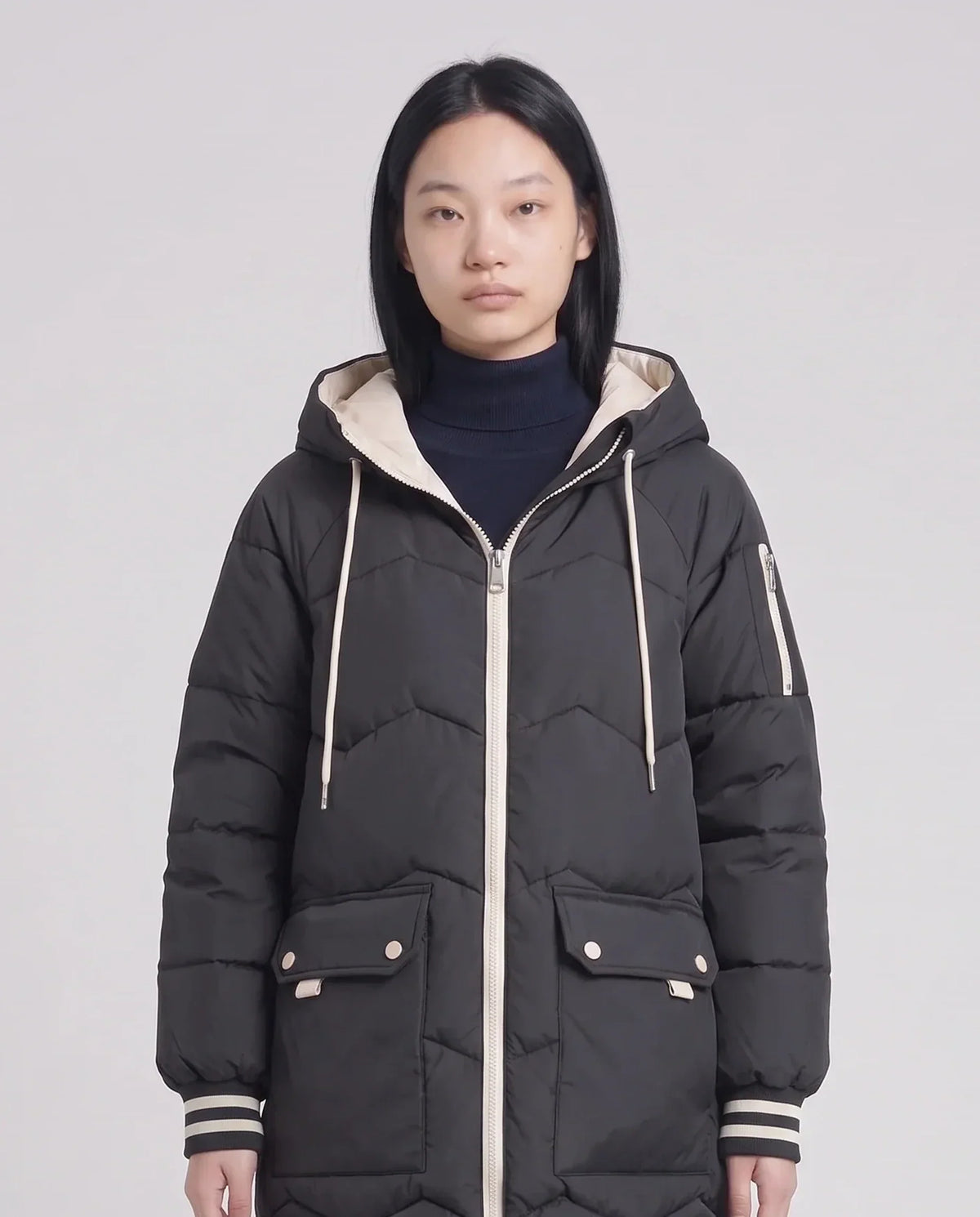 Long Oversized Hooded Puffer Jacket with Chevron Quilting