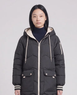 Long Oversized Hooded Puffer Jacket with Chevron Quilting