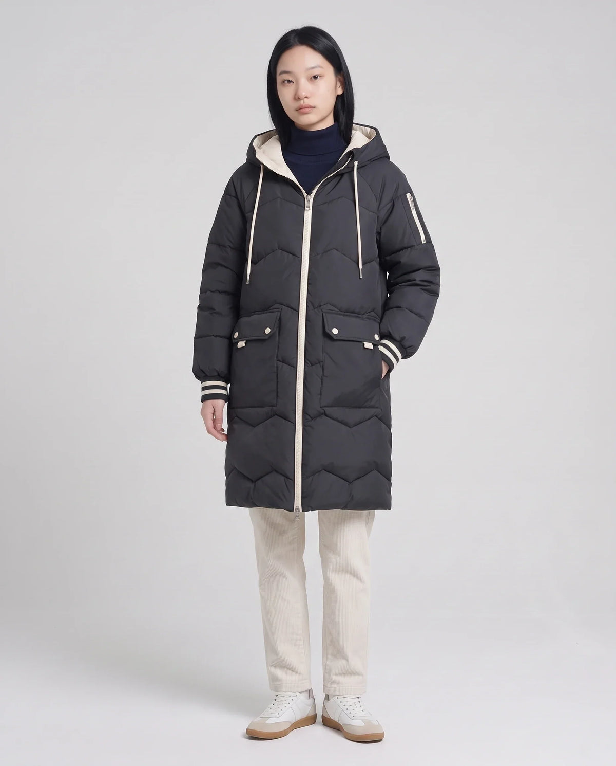 Long Oversized Hooded Puffer Jacket with Chevron Quilting