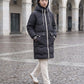Long Oversized Hooded Puffer Jacket with Chevron Quilting