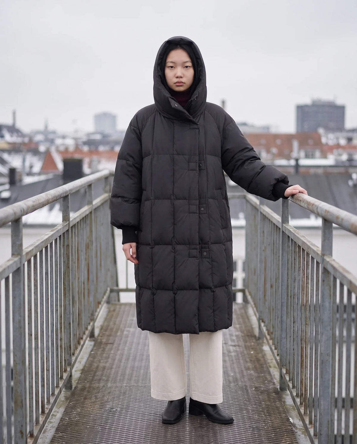 Long Oversized Puffer Jacket with Zip Hood Collar