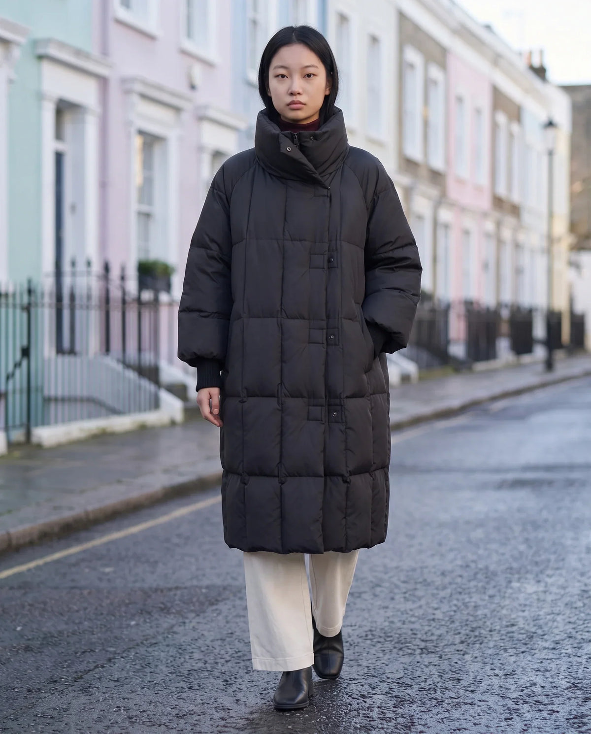 Long Oversized Puffer Jacket with Zip Hood Collar
