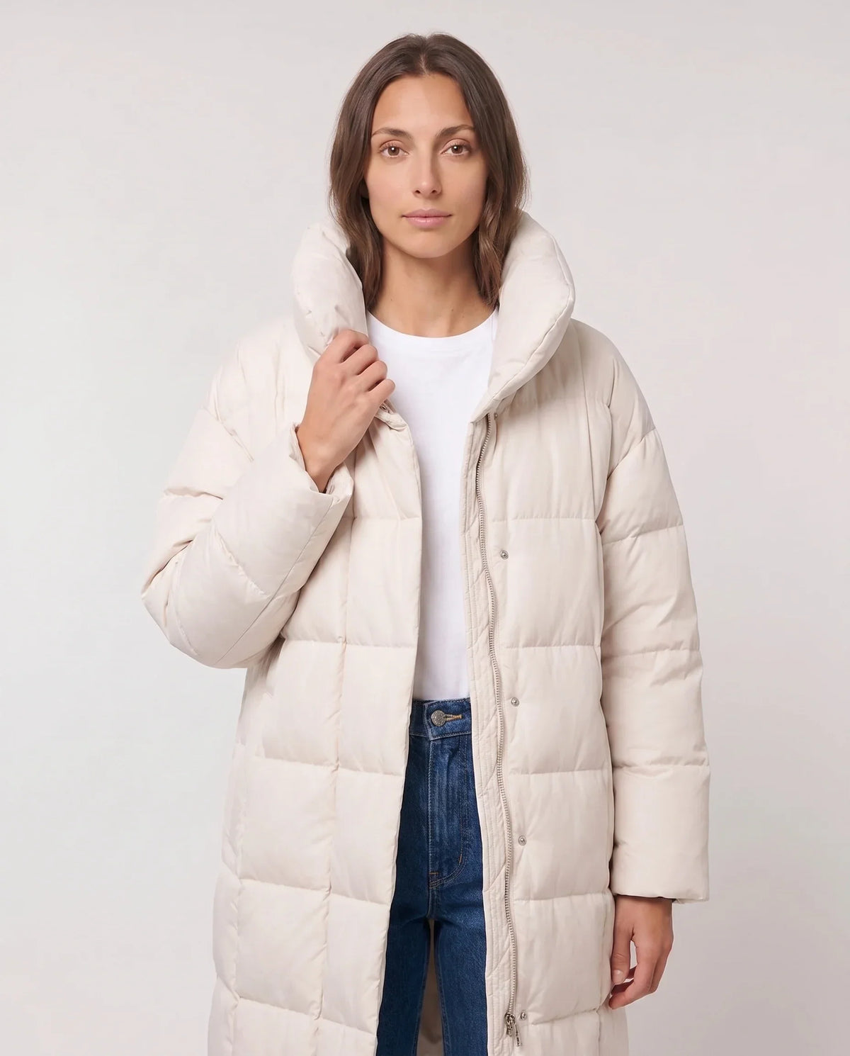 Long Oversized Puffer Jacket with Funnel Collar, No Hood