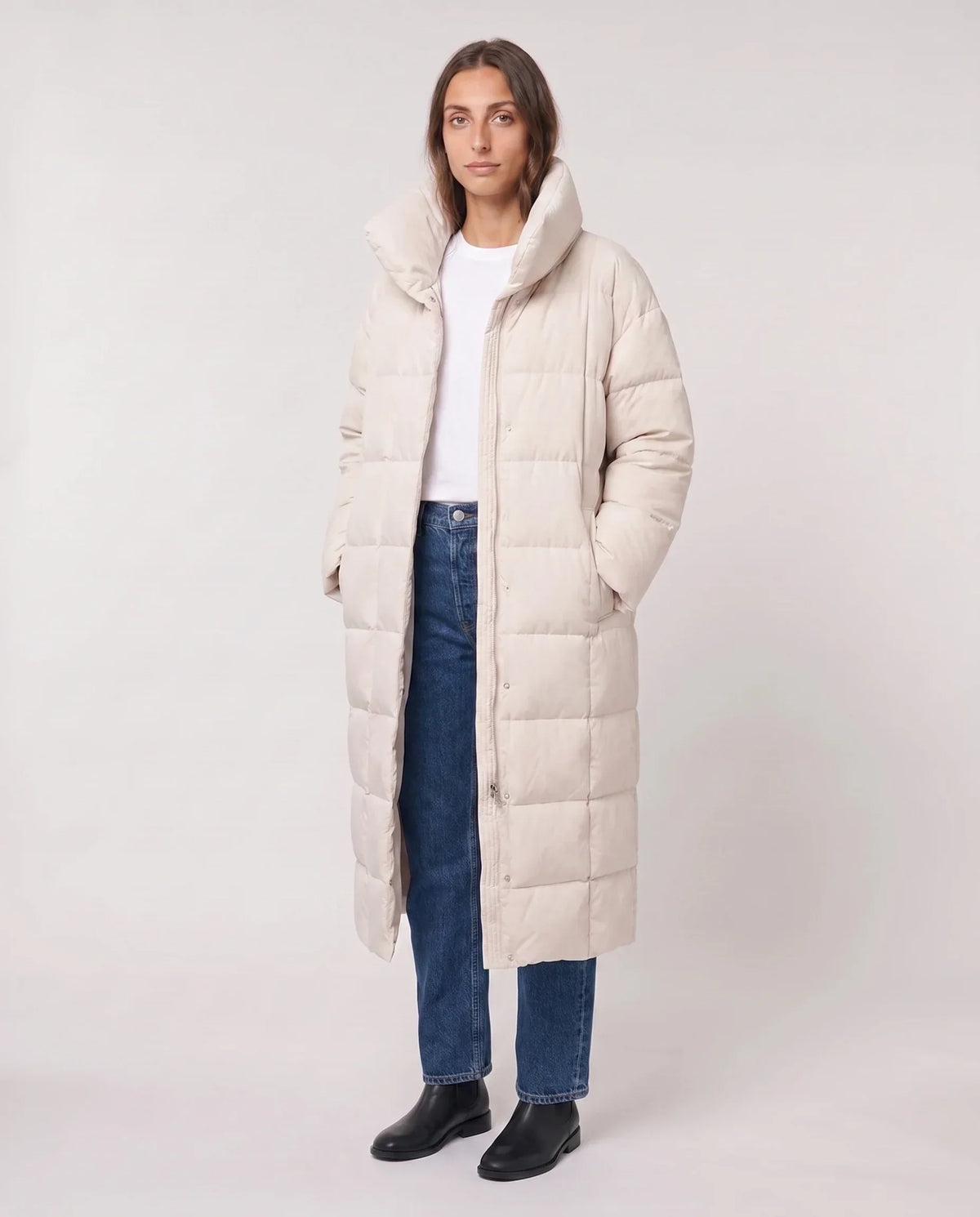 Long Oversized Puffer Jacket with Funnel Collar, No Hood