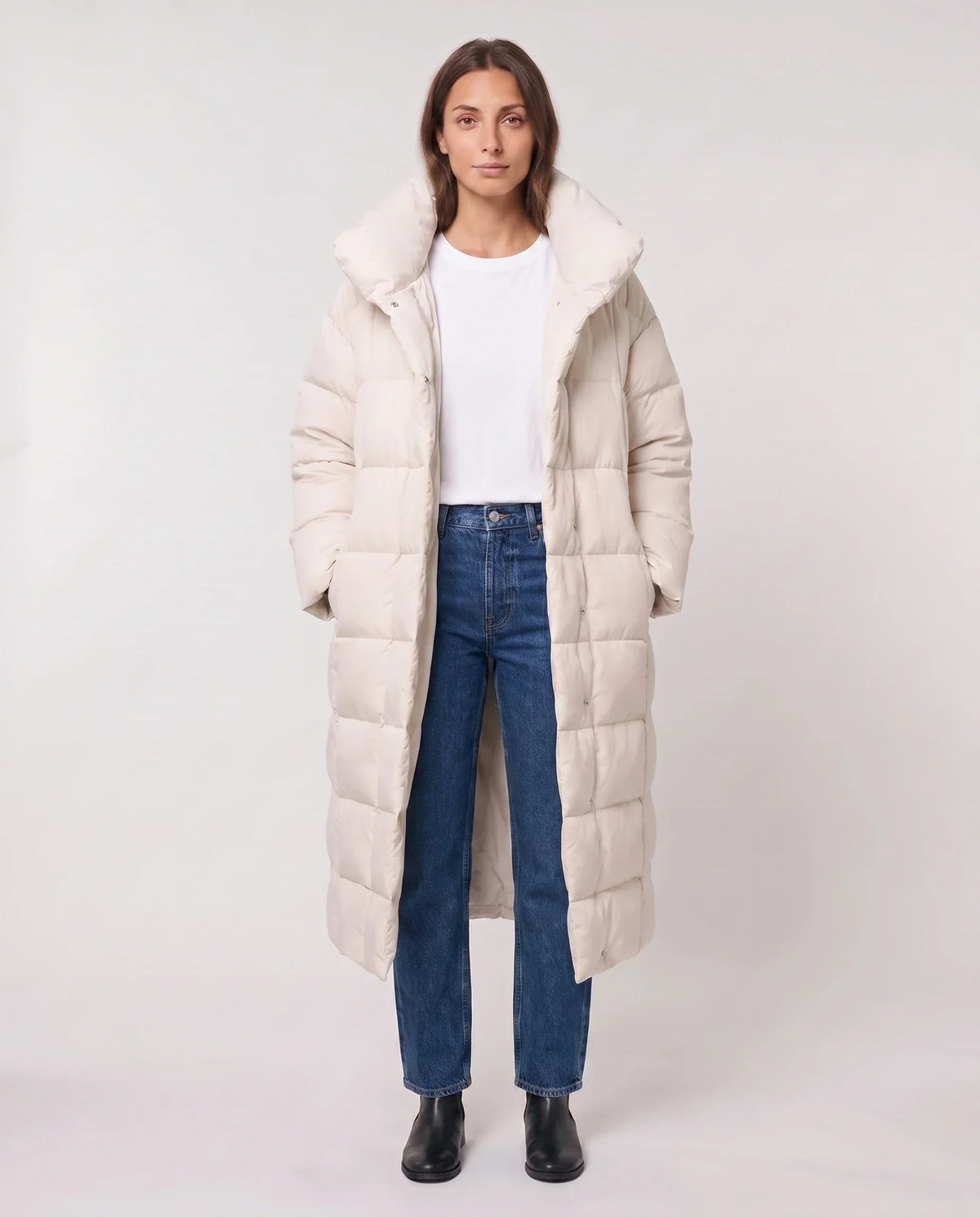 Long Oversized Puffer Jacket with Funnel Collar, No Hood