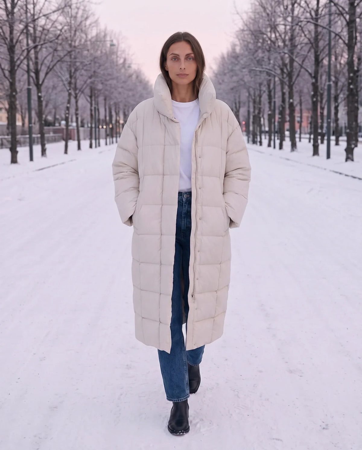 Long Oversized Puffer Jacket with Funnel Collar, No Hood