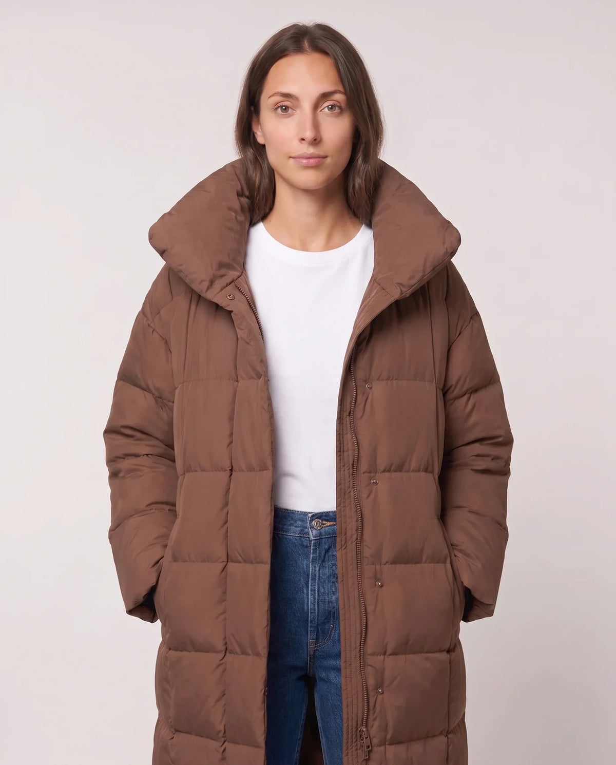 Long Oversized Puffer Jacket with Funnel Collar, No Hood
