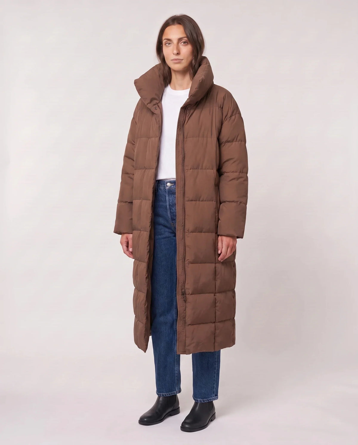 Long Oversized Puffer Jacket with Funnel Collar, No Hood