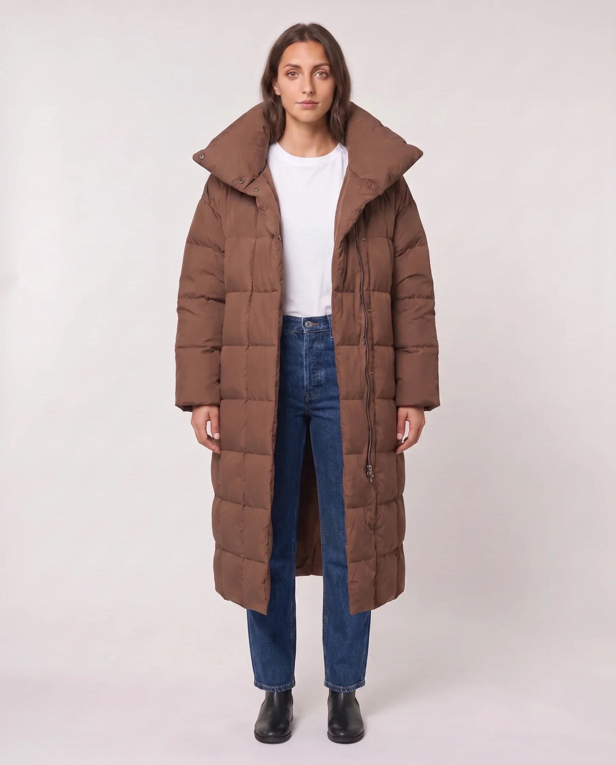 Long Oversized Puffer Jacket with Funnel Collar, No Hood