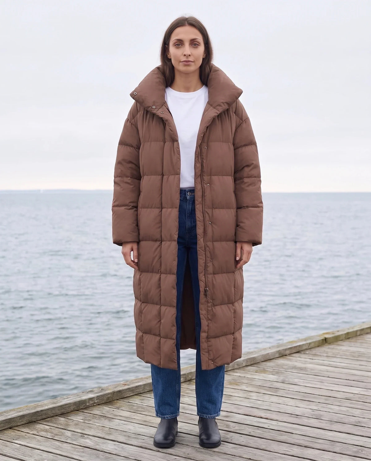 Long Oversized Puffer Jacket with Funnel Collar, No Hood