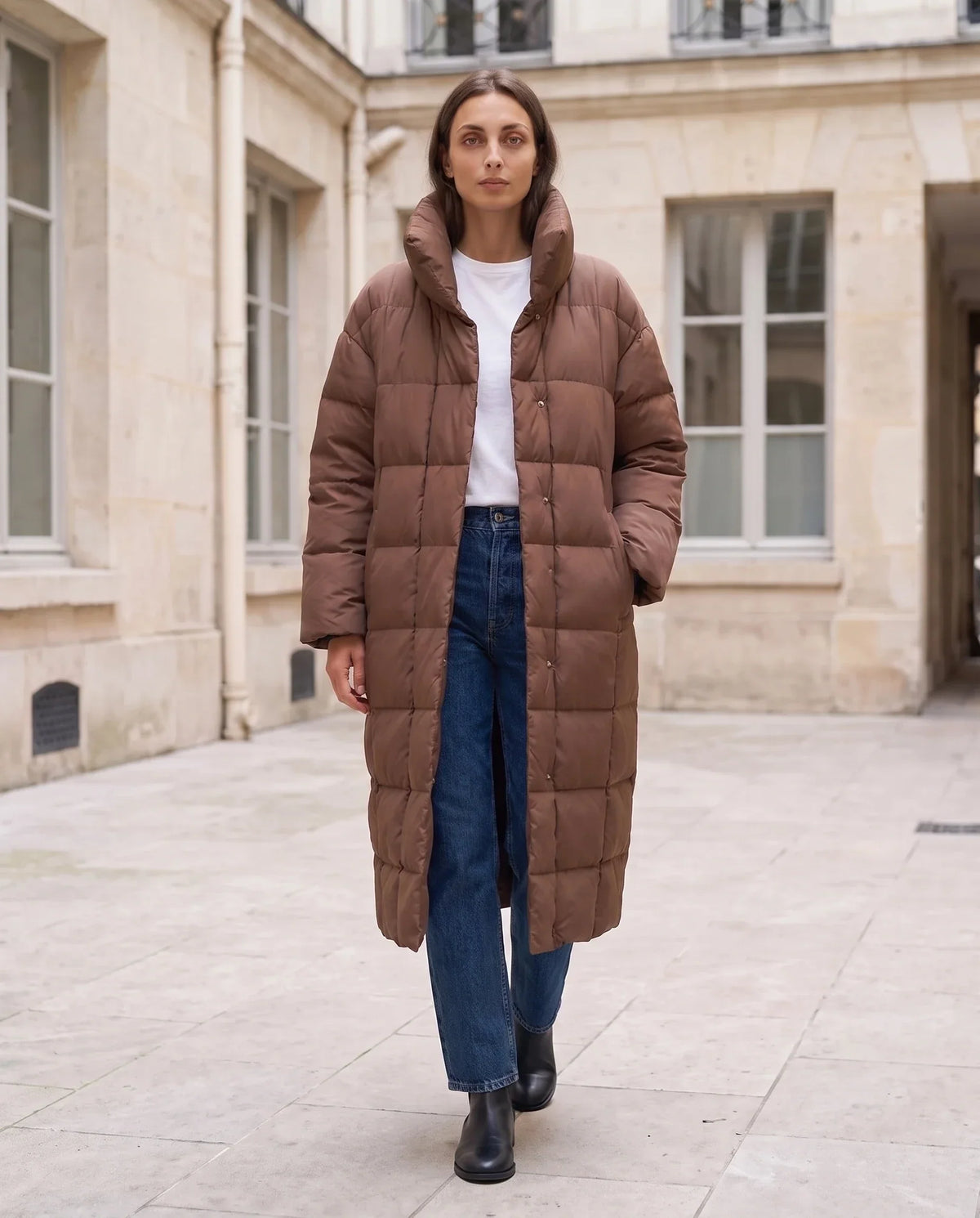 Long Oversized Puffer Jacket with Funnel Collar, No Hood