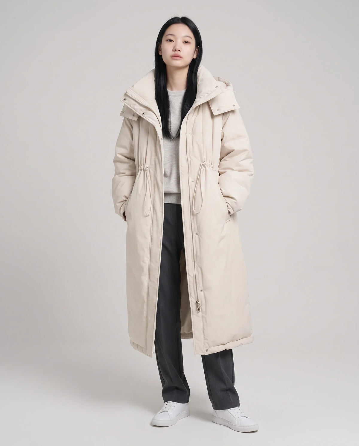Long Oversized Puffer Jacket with Funnel Collar and Hood